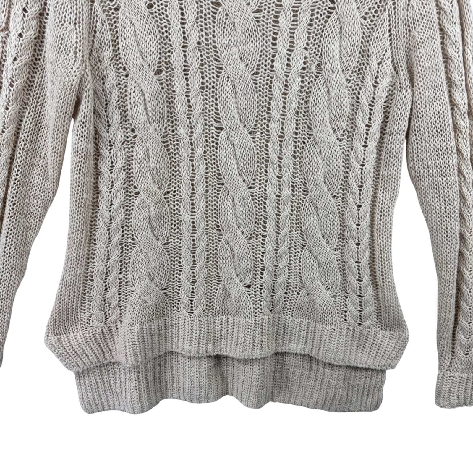 Garnet Hill Sweater Womens Medium Beige Linen Cotton Cable Knit Beachy Coastal — image 6 of 8